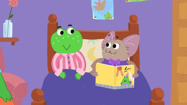 Tralala the green frog and a bat character in the animated children's series Tralala