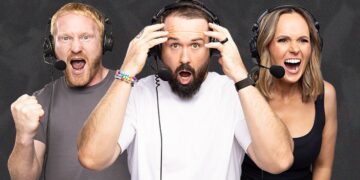 Triple M Rugby League World Cup commentators in headsets react during a call