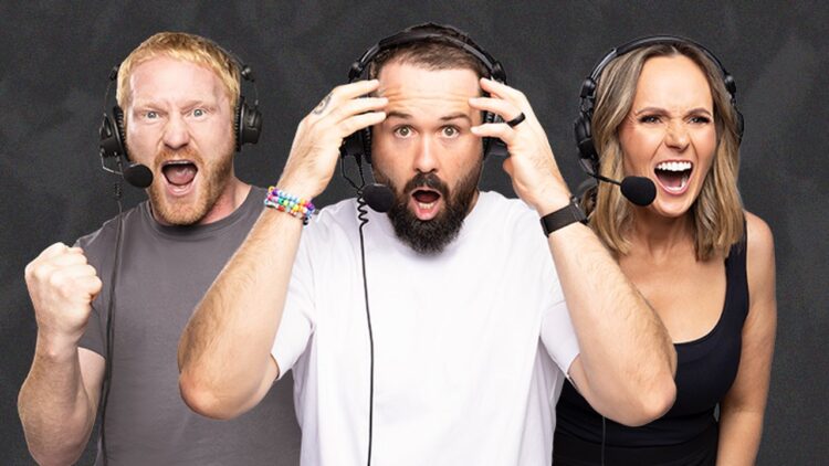 Triple M Rugby League World Cup commentators in headsets react during a call
