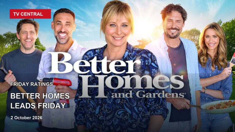 The Better Homes and Gardens presenters on a Friday ratings card stating Better Homes leads Friday.
