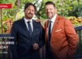My Kitchen Rules hosts Manu Feildel and Colin Fassnidge on a Monday ratings card stating Seven wins Monday.