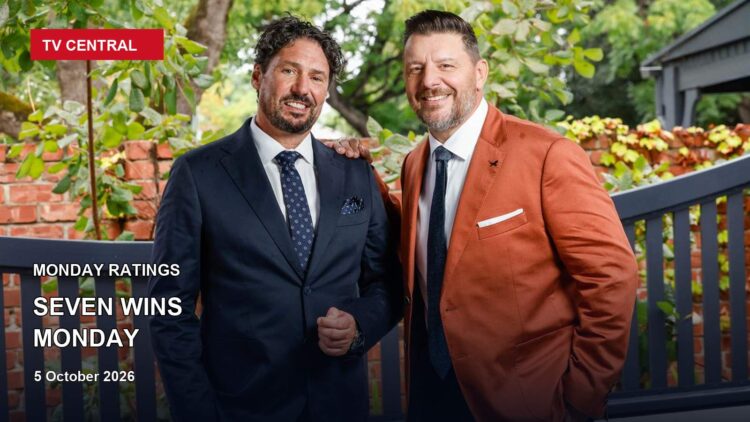 My Kitchen Rules hosts Manu Feildel and Colin Fassnidge on a Monday ratings card stating Seven wins Monday.