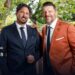 My Kitchen Rules hosts Manu Feildel and Colin Fassnidge on a Monday ratings card stating Seven wins Monday.