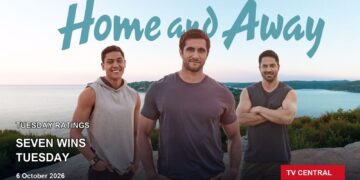 Current-season Home and Away key art on a Tuesday ratings card stating Seven wins Tuesday.