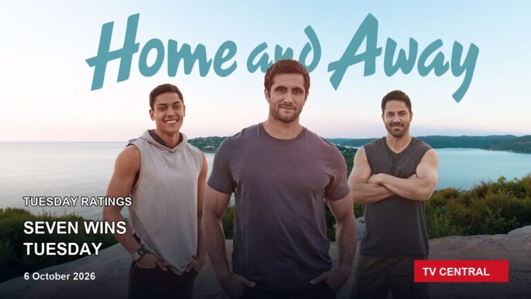 Current-season Home and Away key art on a Tuesday ratings card stating Seven wins Tuesday.