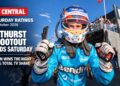 Zach Bates celebrates Bathurst 1000 Top 10 Shootout pole on a Saturday ratings card stating the Shootout leads Saturday and Seven wins the night.