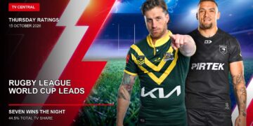 Australia and New Zealand Rugby League World Cup players on a Thursday ratings card stating the Rugby League World Cup leads and Seven wins the night.