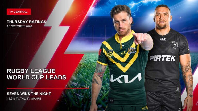Australia and New Zealand Rugby League World Cup players on a Thursday ratings card stating the Rugby League World Cup leads and Seven wins the night.