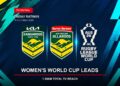 Official 2026 Australian Jillaroos and Kangaroos crests on a Friday ratings card stating the Women's Rugby League World Cup leads with 1.588 million reach.