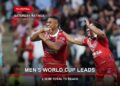 Two Tonga players celebrate during the 2026 Rugby League World Cup on a Saturday ratings card stating the men's World Cup leads with 2.383 million reach.