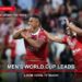 Two Tonga players celebrate during the 2026 Rugby League World Cup on a Saturday ratings card stating the men's World Cup leads with 2.383 million reach.