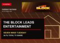 A Tuesday TV ratings card with The Block key art stating The Block leads entertainment, Seven wins Tuesday and Seven has a 34.7% Total TV share.