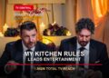 My Kitchen Rules judges Manu Feildel and Colin Fassnidge on a Monday TV ratings card stating My Kitchen Rules leads entertainment with 1.842 million Total TV reach.