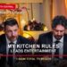My Kitchen Rules judges Manu Feildel and Colin Fassnidge on a Monday TV ratings card stating My Kitchen Rules leads entertainment with 1.842 million Total TV reach.