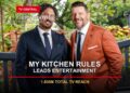 My Kitchen Rules judges Manu Feildel and Colin Fassnidge on a Tuesday TV ratings card stating My Kitchen Rules leads entertainment with 1.830 million Total TV reach.