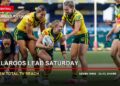 Australia Jillaroos celebrate against England on a Saturday TV ratings card stating the Jillaroos lead with 1.841 million Total TV reach and Seven wins with 33.4% share.
