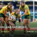 Australia Jillaroos celebrate against England on a Saturday TV ratings card stating the Jillaroos lead with 1.841 million Total TV reach and Seven wins with 33.4% share.