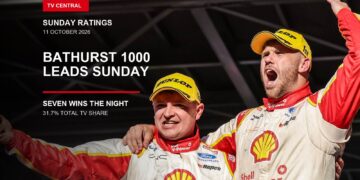 Brodie Kostecki and Todd Hazelwood celebrate winning the 2026 Bathurst 1000 on a Sunday ratings card stating Bathurst leads Sunday and Seven wins the night.