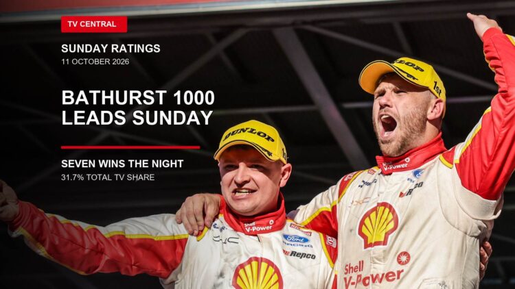 Brodie Kostecki and Todd Hazelwood celebrate winning the 2026 Bathurst 1000 on a Sunday ratings card stating Bathurst leads Sunday and Seven wins the night.
