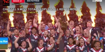 Weekly Ratings Australia Week 41 2026: Channel 9 wins Total People and all key demos, with the Sydney Roosters celebrating their 2026 NRL premiership.