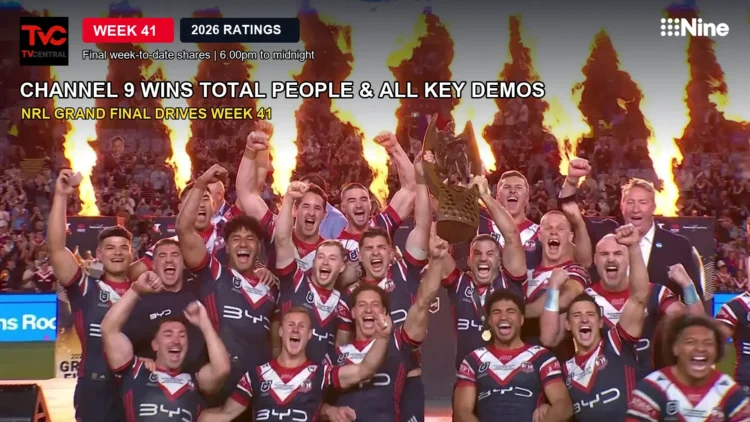 Weekly Ratings Australia Week 41 2026: Channel 9 wins Total People and all key demos, with the Sydney Roosters celebrating their 2026 NRL premiership.