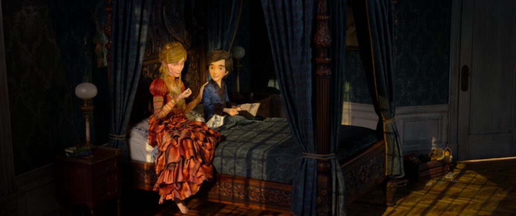 Prue sits beside Alexandra in a dark bedroom scene from Wildwood