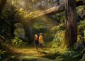 Prue and Curtis walk through the enchanted forest in Wildwood