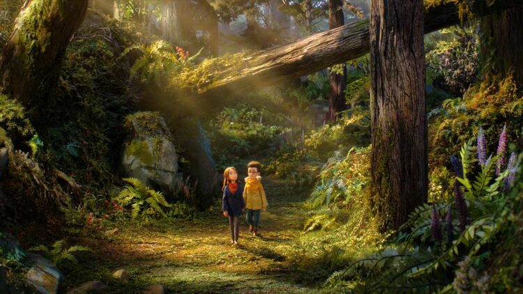 Prue and Curtis walk through the enchanted forest in Wildwood