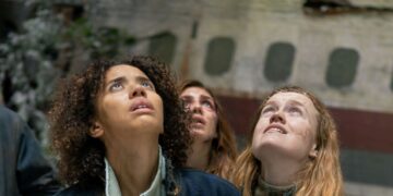 Yellowjackets survivors look upwards beside the crashed plane in season four