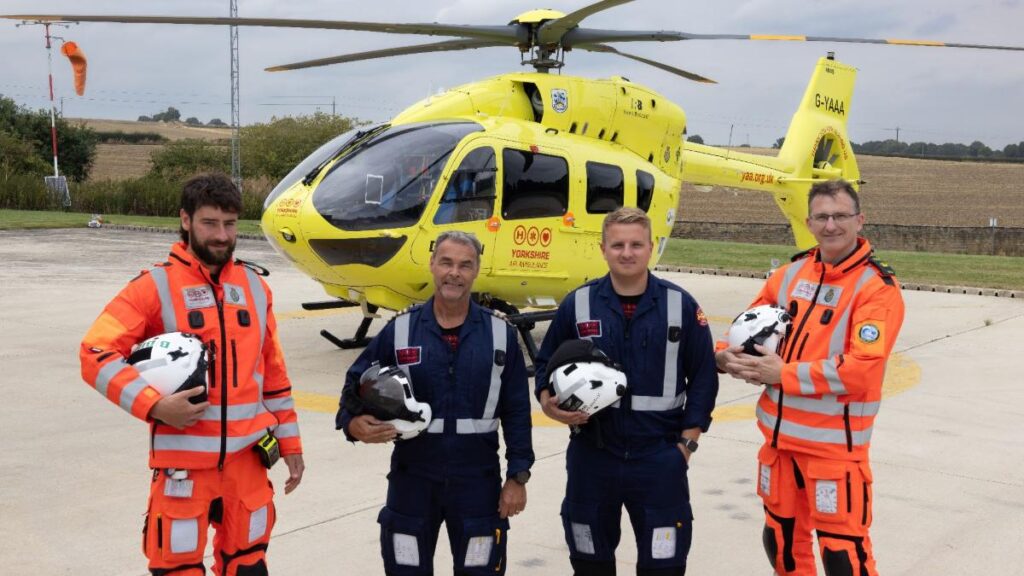 Yorkshire Air Ambulance crew in front of a helicopter in Yorkshire Air 999